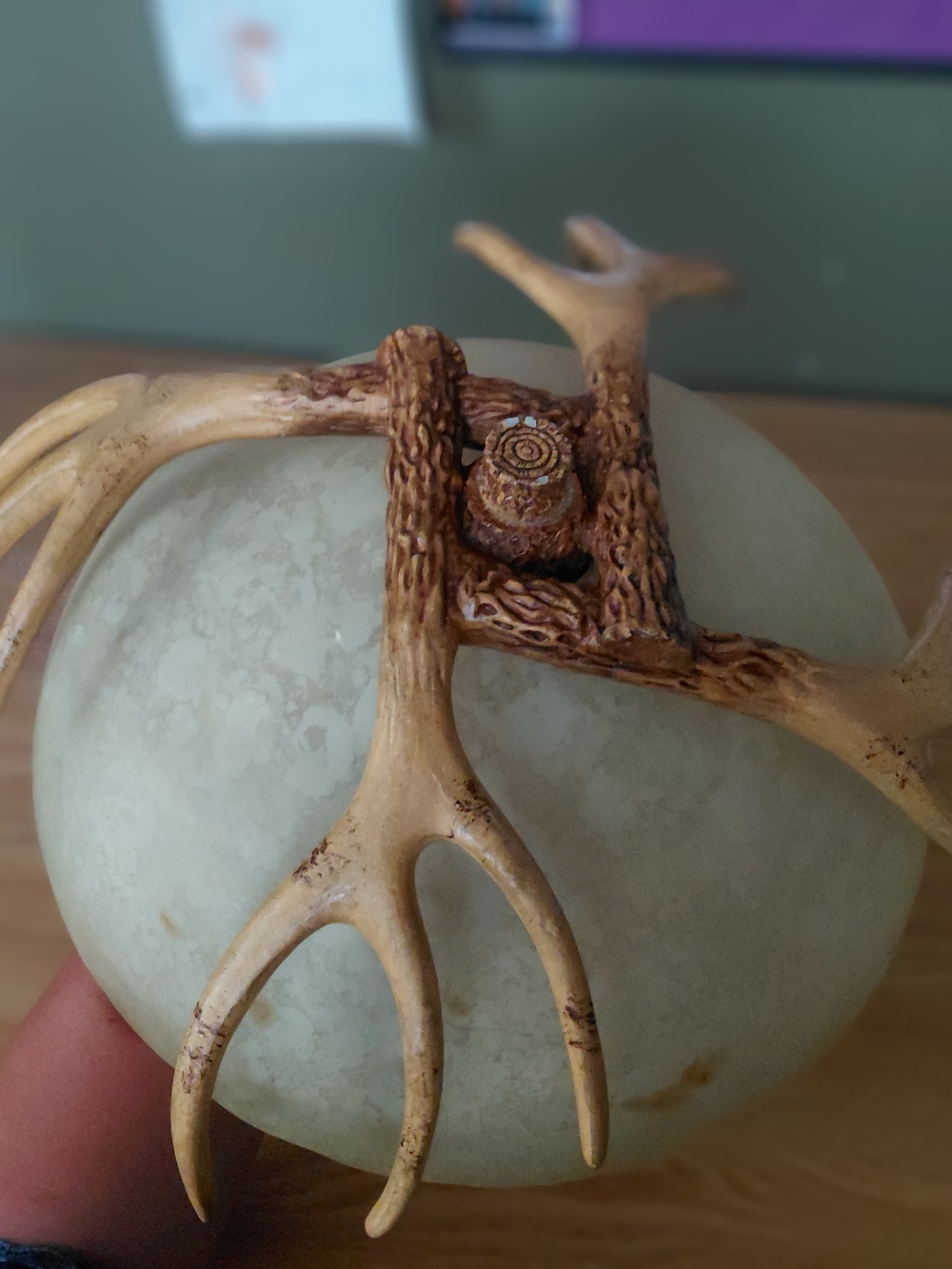 Vintage Wood-Style Base in Brown/Tan Three Lightbulb Hanging DEER ANTLER light